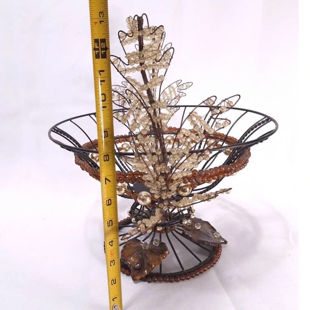 Vtg Metal Wire Beaded Basket w/ Ceramic Leaves‎ Rustic Deco Centerpiece 12.5
